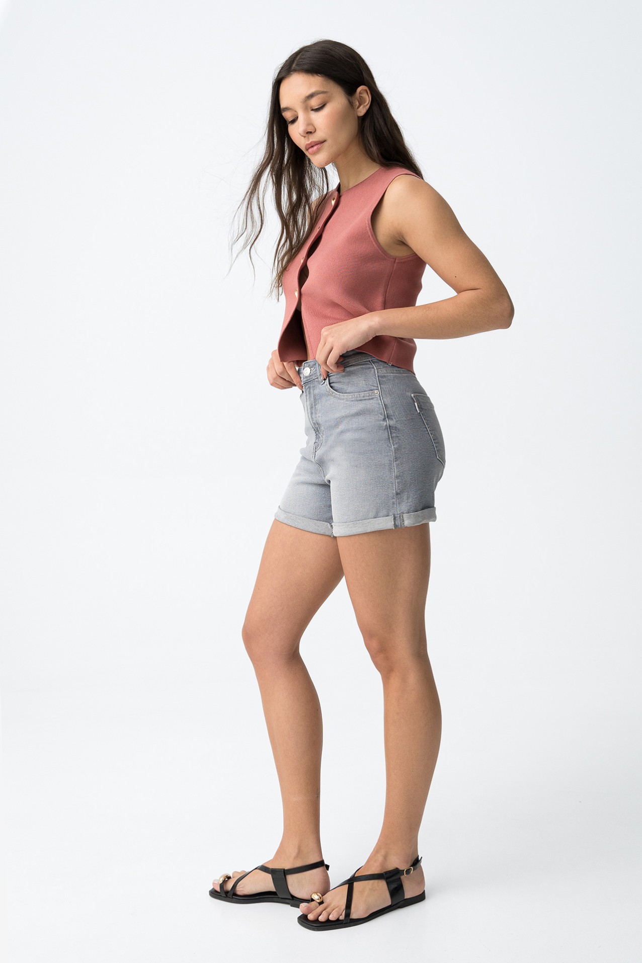 Grey High Waist Denim Shorts