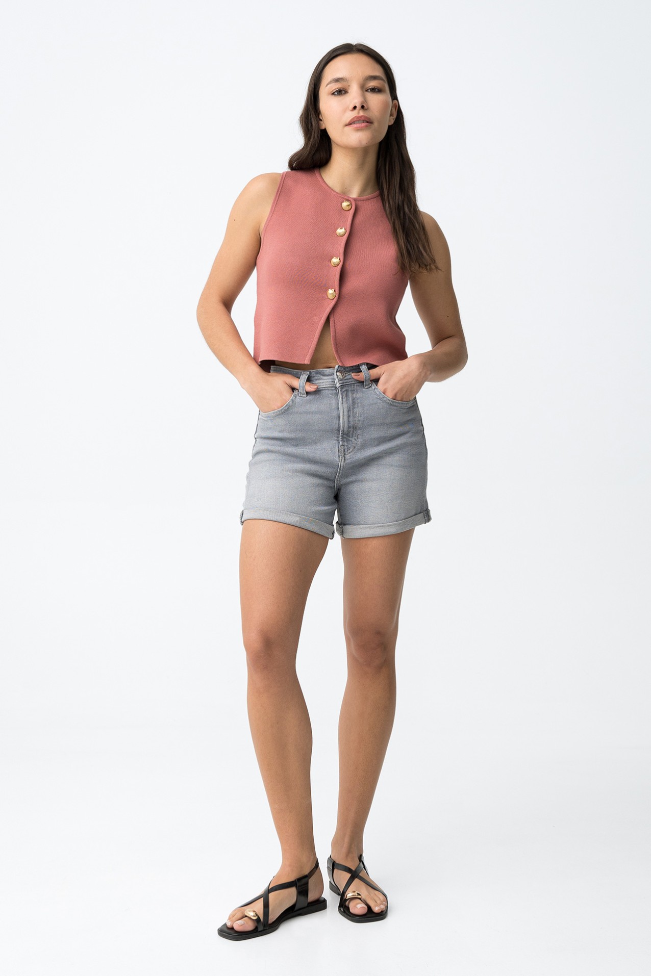 Grey High Waist Denim Shorts