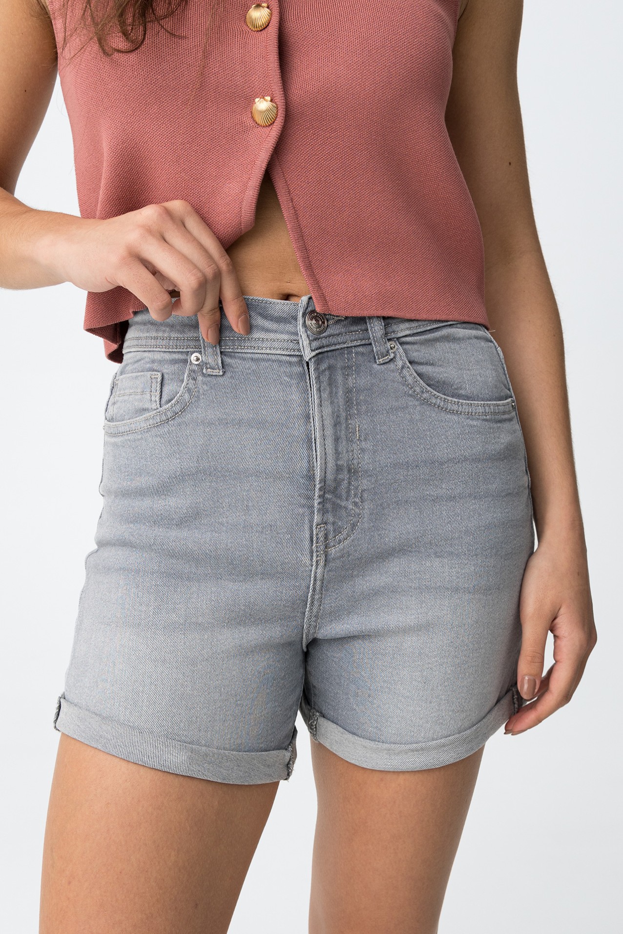 Grey High Waist Denim Shorts
