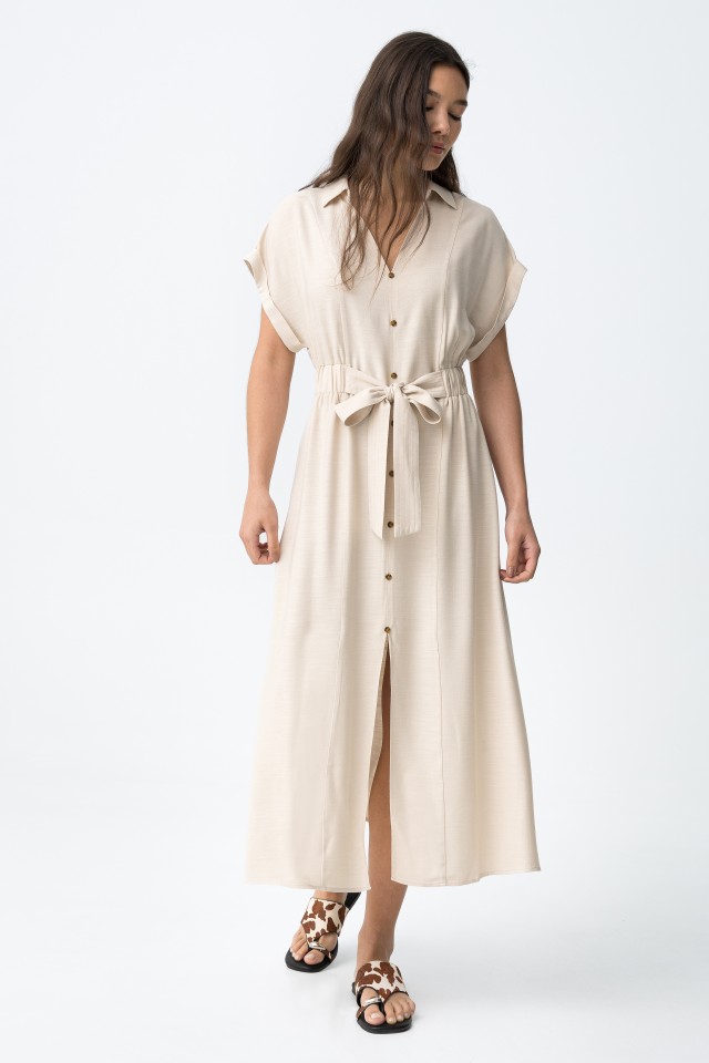 beige long sleeve dress midi Square Neck Long Sleeve Midi Dress in Ivory - 14