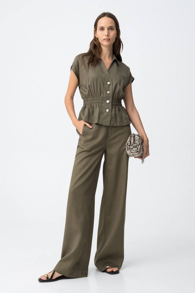Dark Green Wide Leg Trousers - 10064602_831 - Tiffosi
