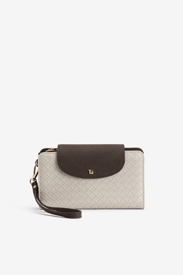 Beige Textured Wallet With Dark Flap