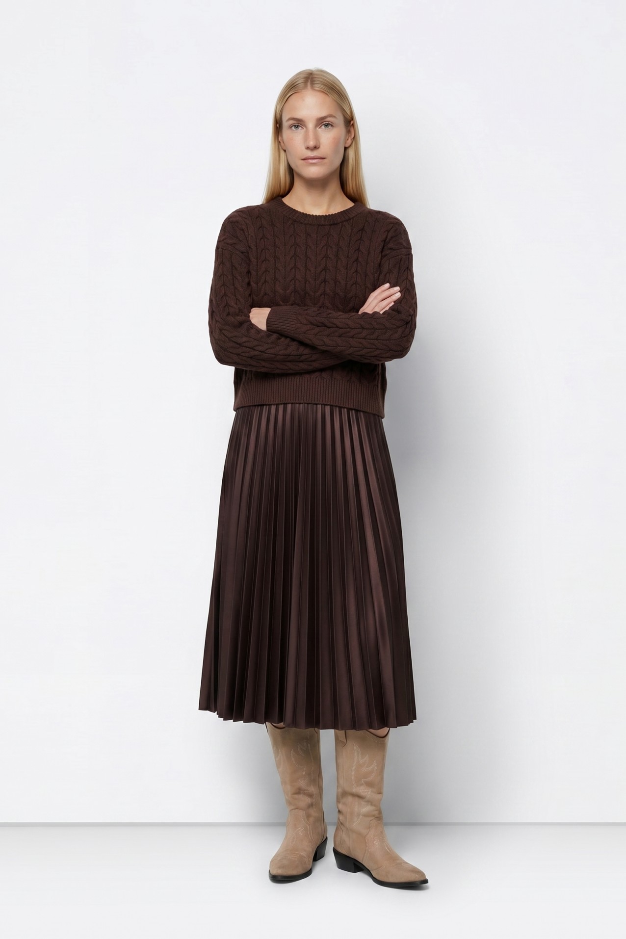 Brown Pleated Midi Skirt
