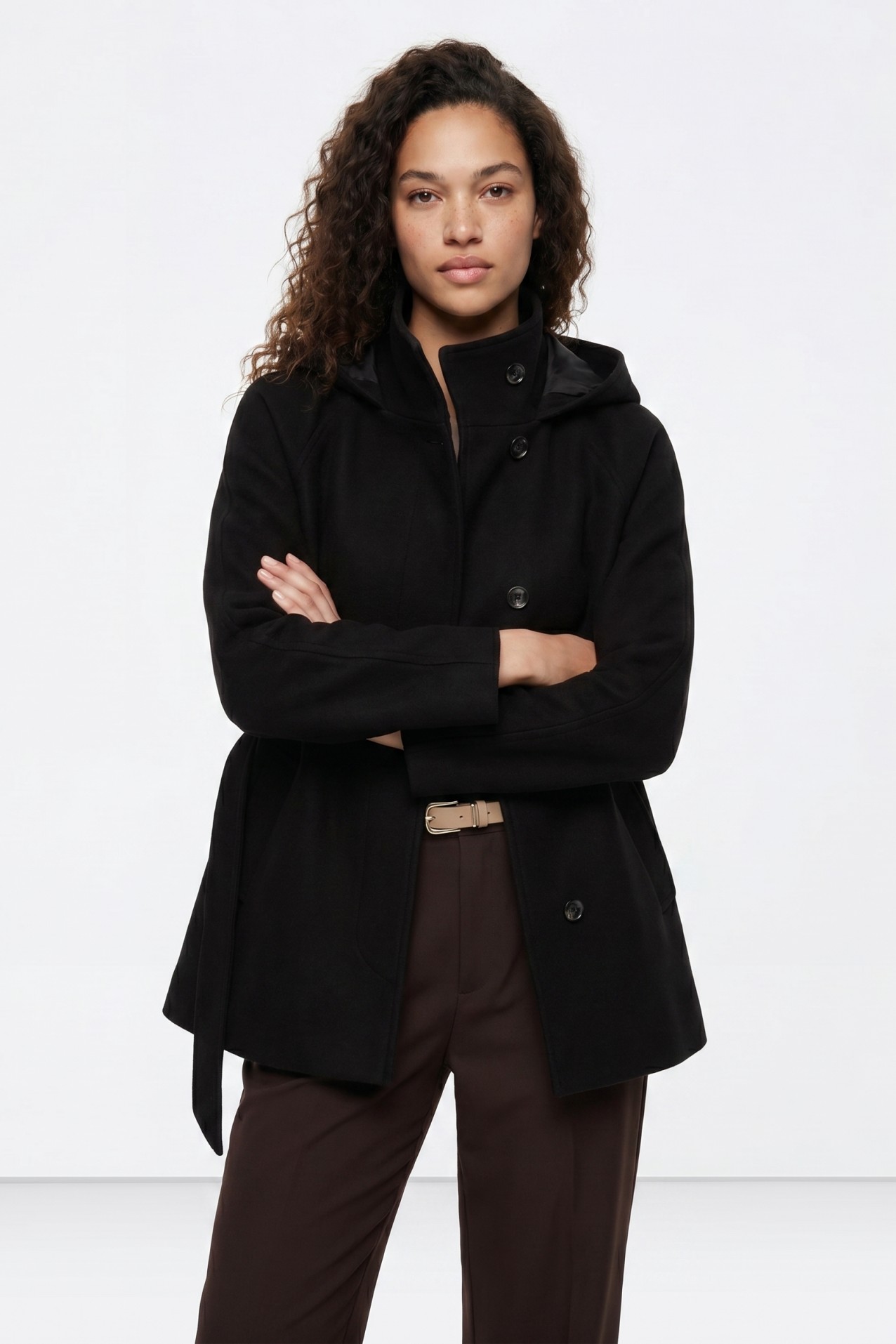 Black Hooded Belted Coat