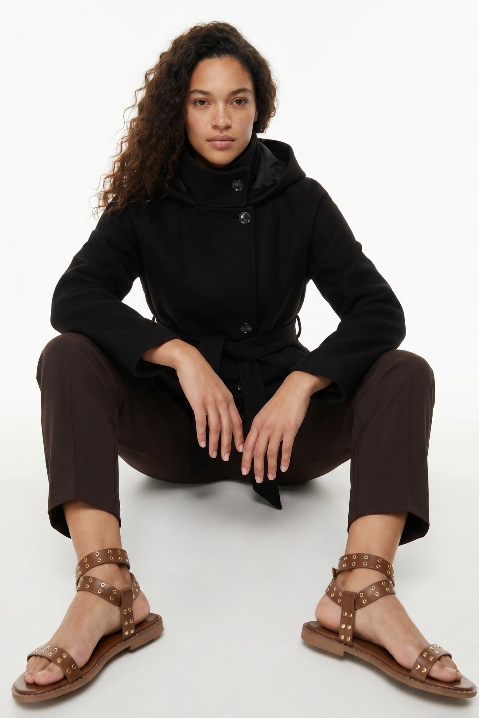 Black Hooded Belted Coat