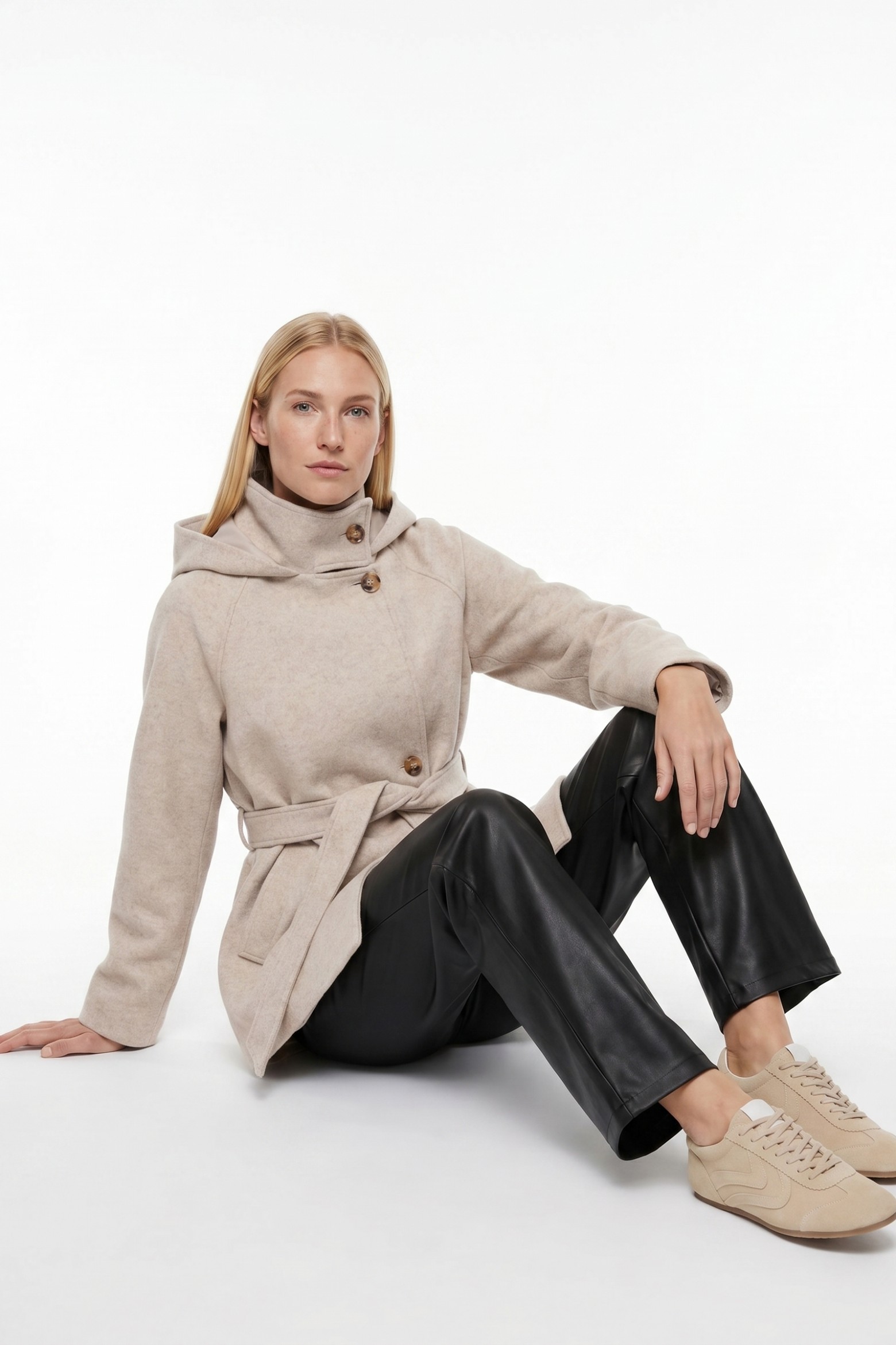 Beige Hooded Belted Coat
