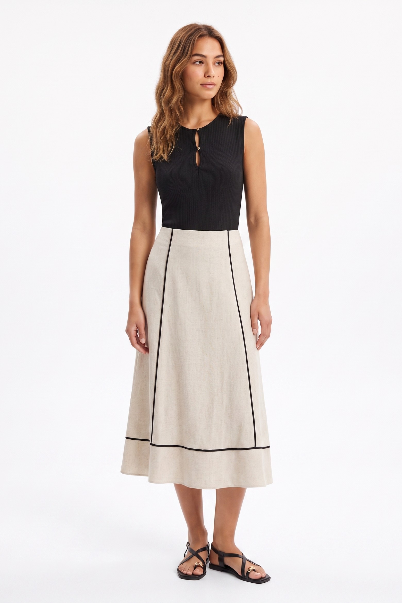 Beige Midi Skirt Striped