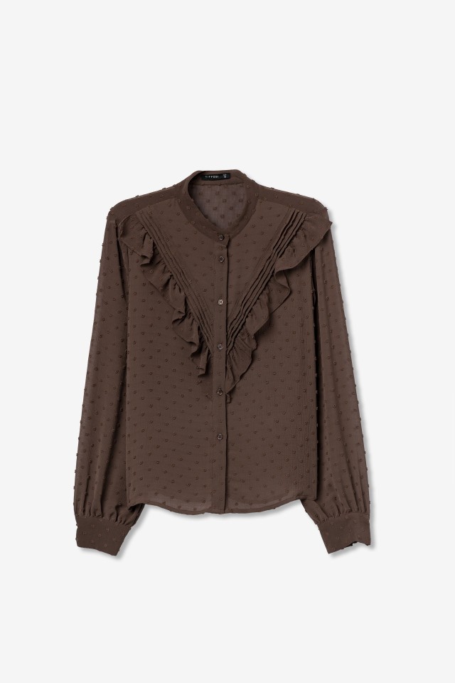 Camisa castanha com folhos Camisa castanha com folhos