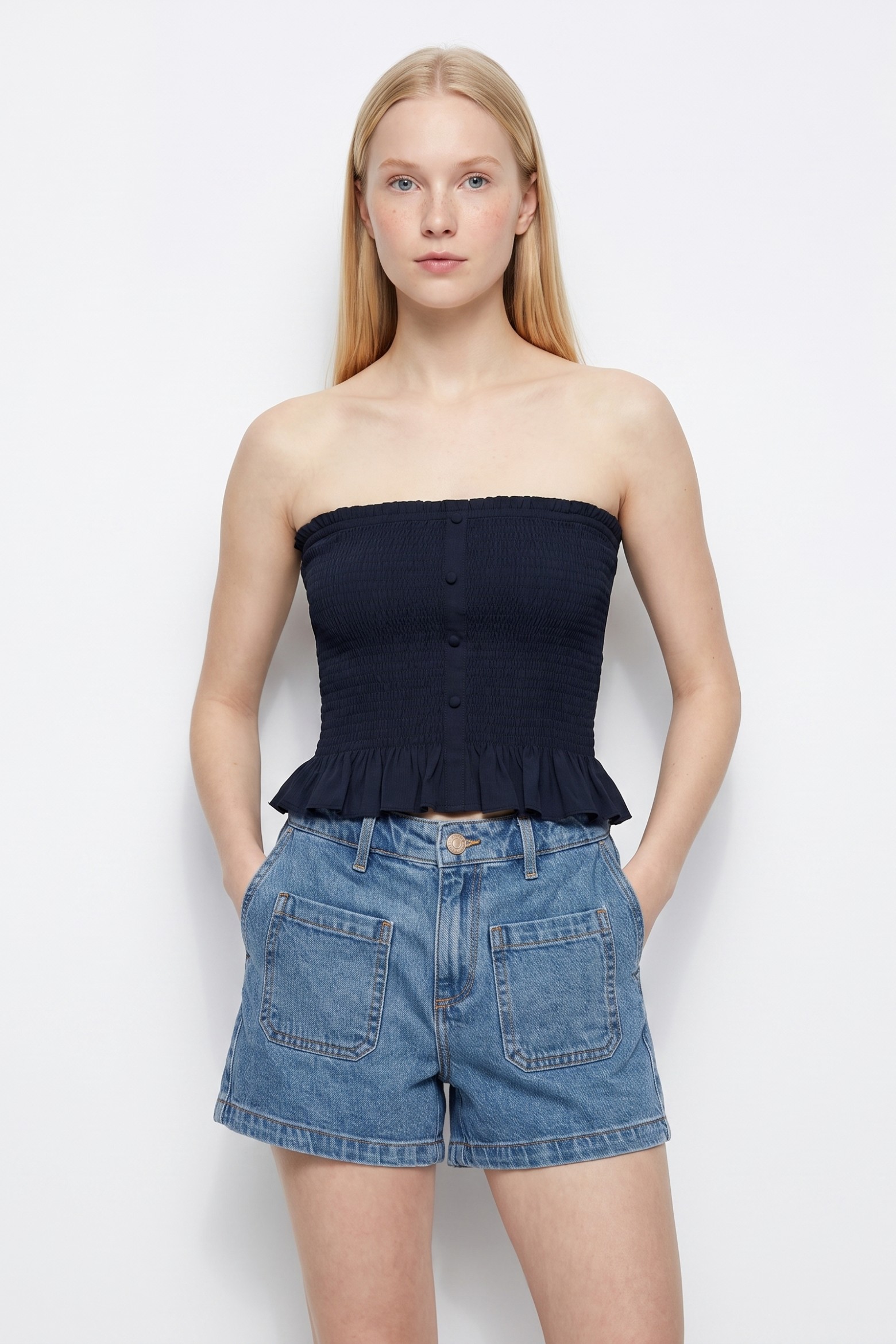 Blue Strapless Cropped Top