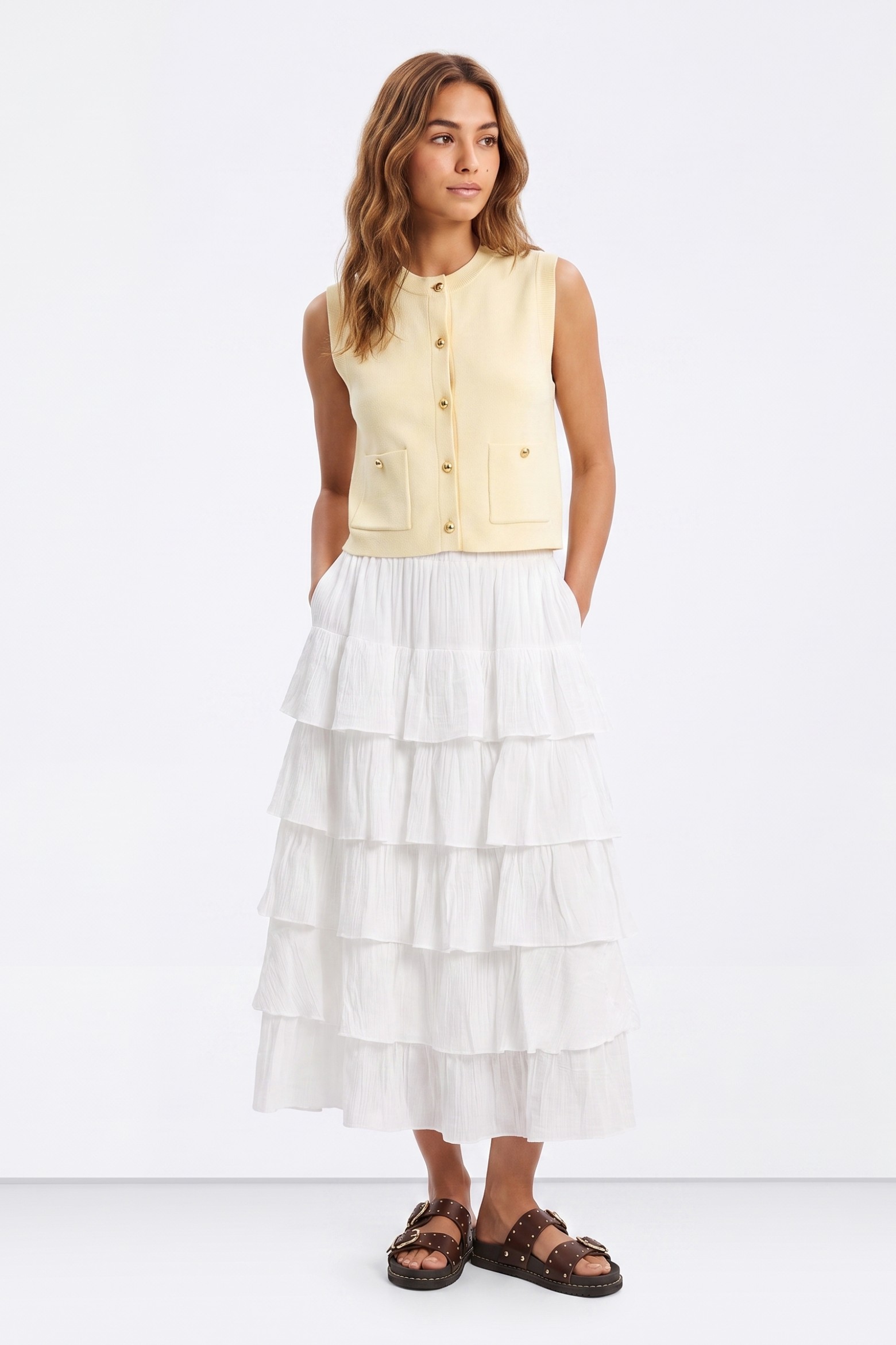 Cream Ruffled Maxi Skirt