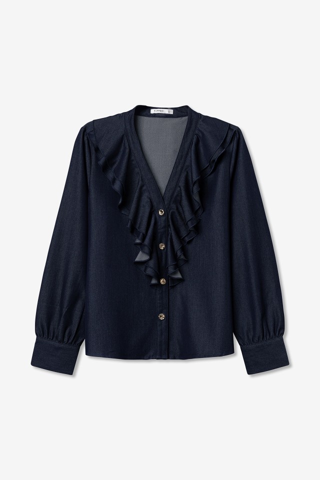Navy Ruffled Long Sleeve Shirt