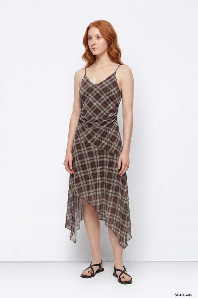 Brown Plaid Asymmetrical Dress