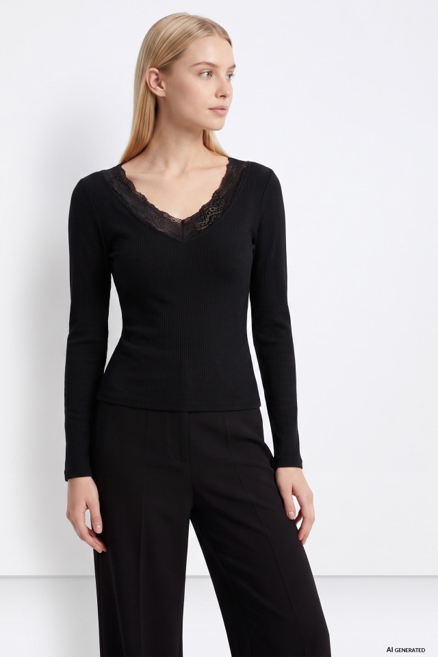 Black Long Sleeve V-Neck Tee