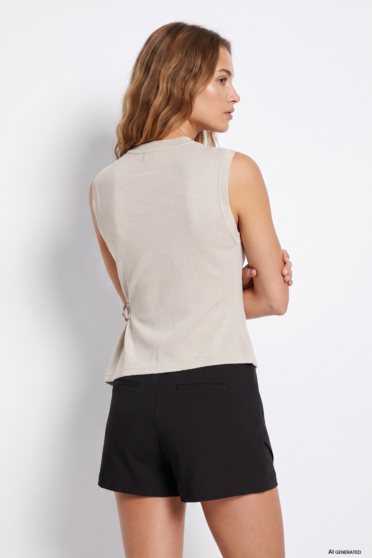 Beige Asymmetric Sleeveless T-shirt