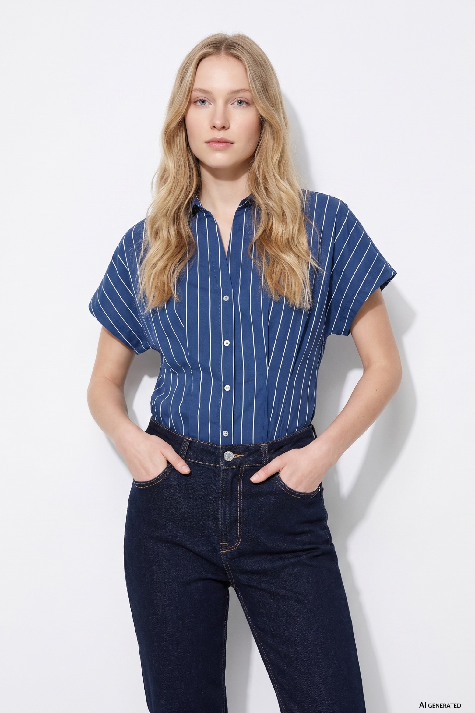 Camisa azul riscas curtas