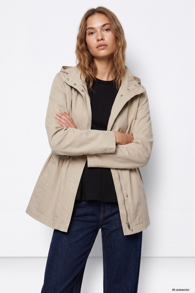 Beige Hooded Straight Coat