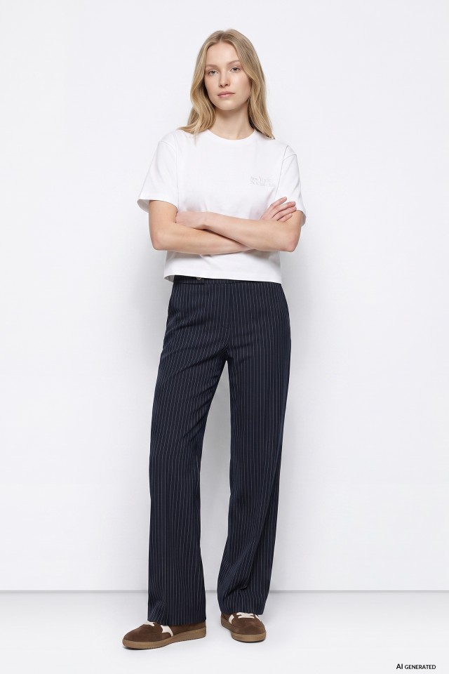 Navy Pinstripe Wide-Leg Trousers