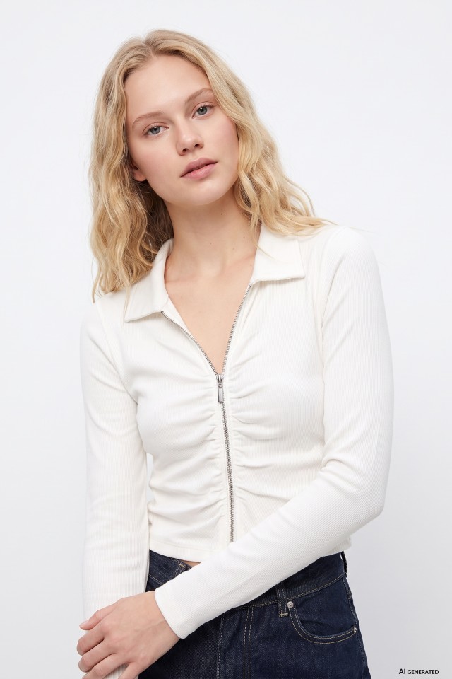 Cream Cropped Zip Polo