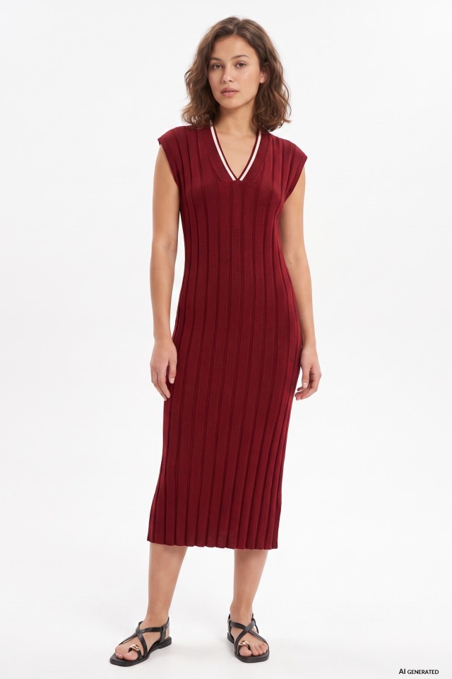Ribbed Midi Burgundy Dress
