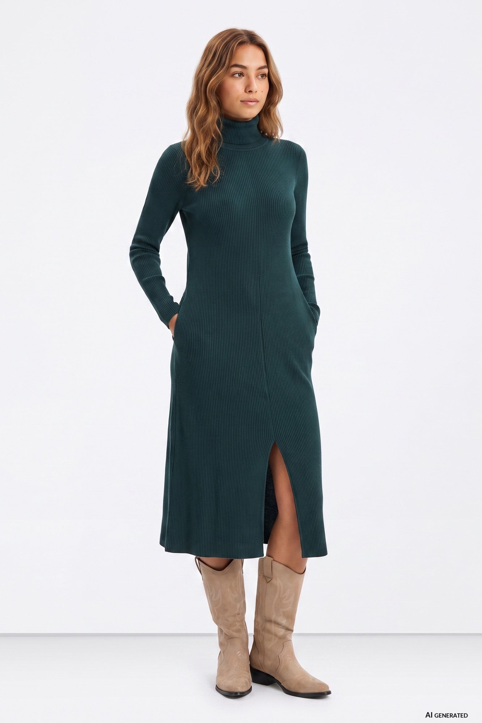 Green Ribbed Midi Dress