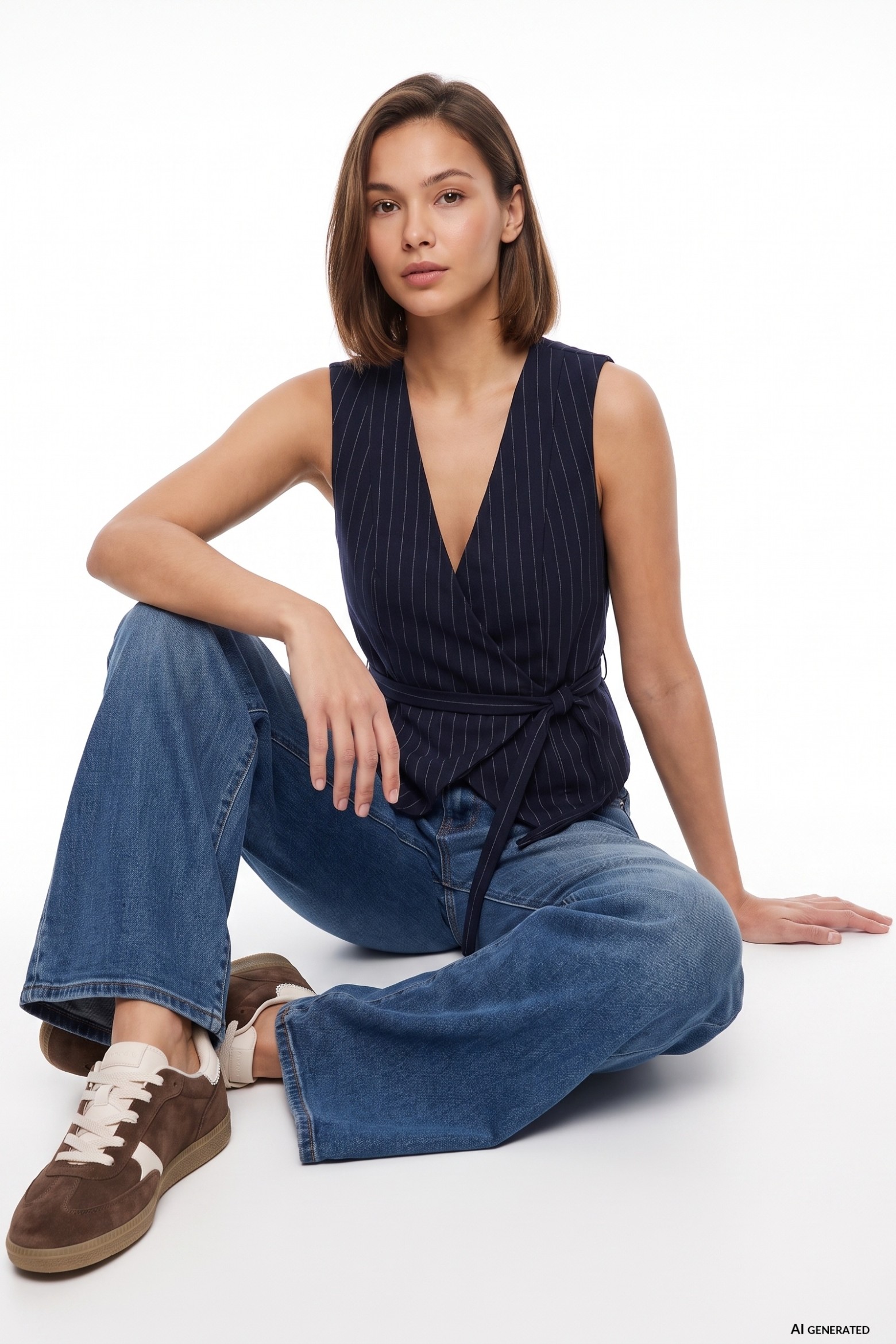 Dark Blue Pinstripe Wrap Top