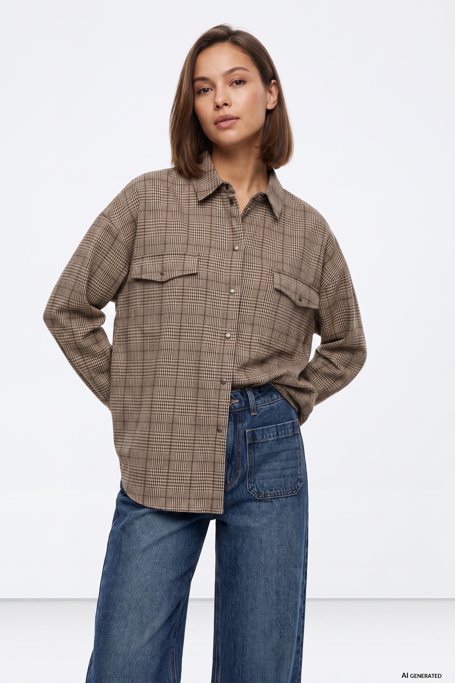 Beige Checked Oversized Shirt
