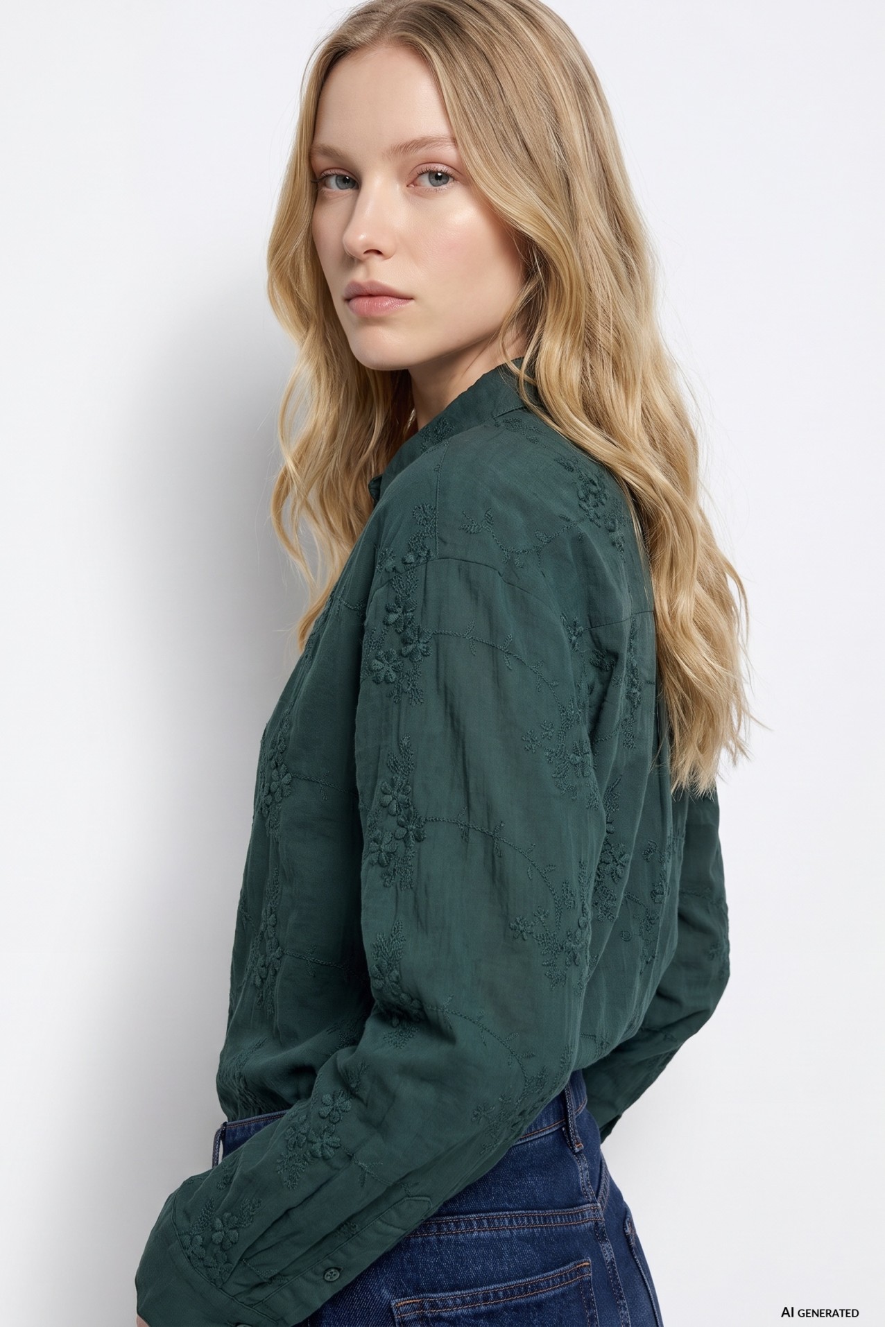 Green Embroidered Long Sleeve Shirt