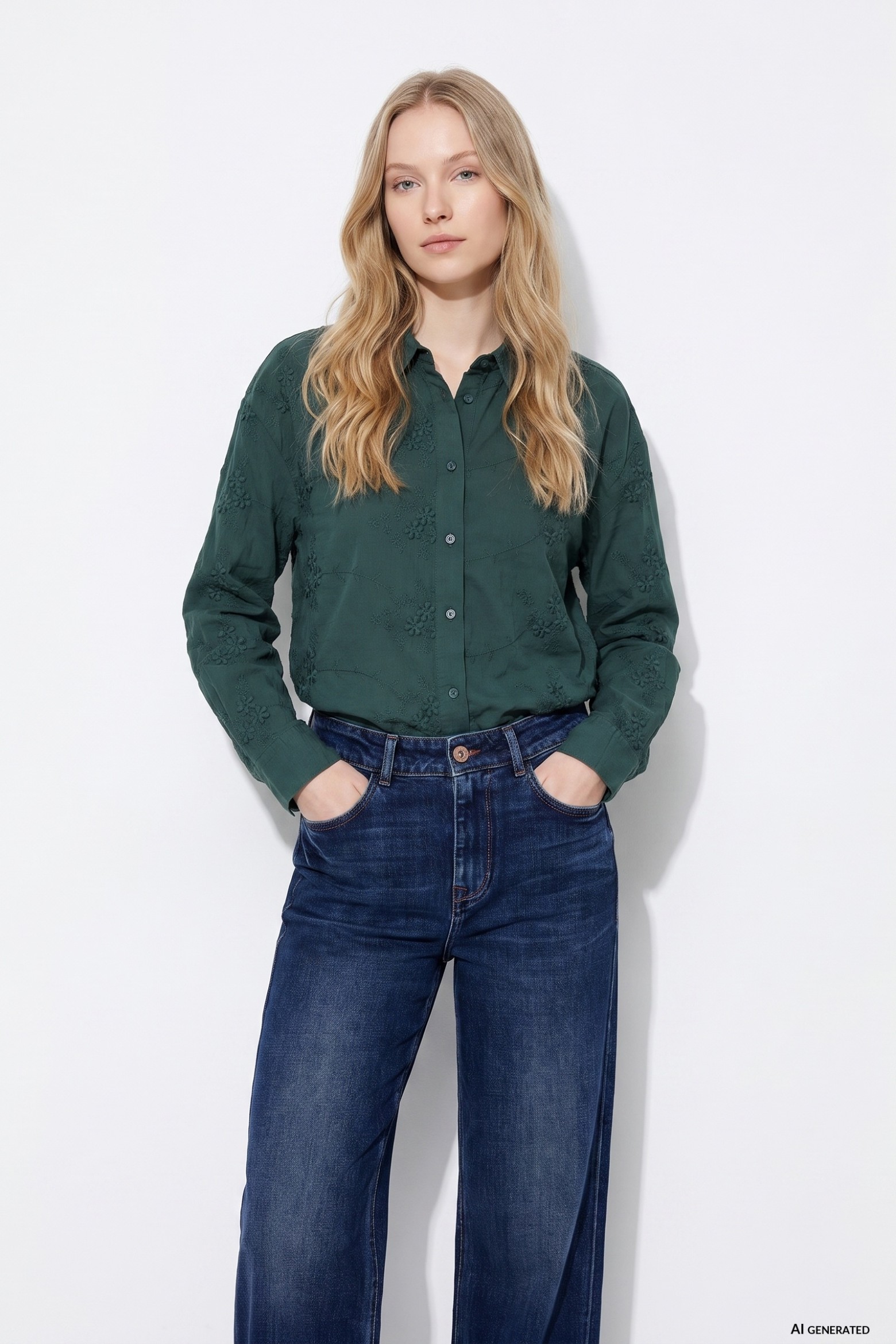 Green Embroidered Long Sleeve Shirt