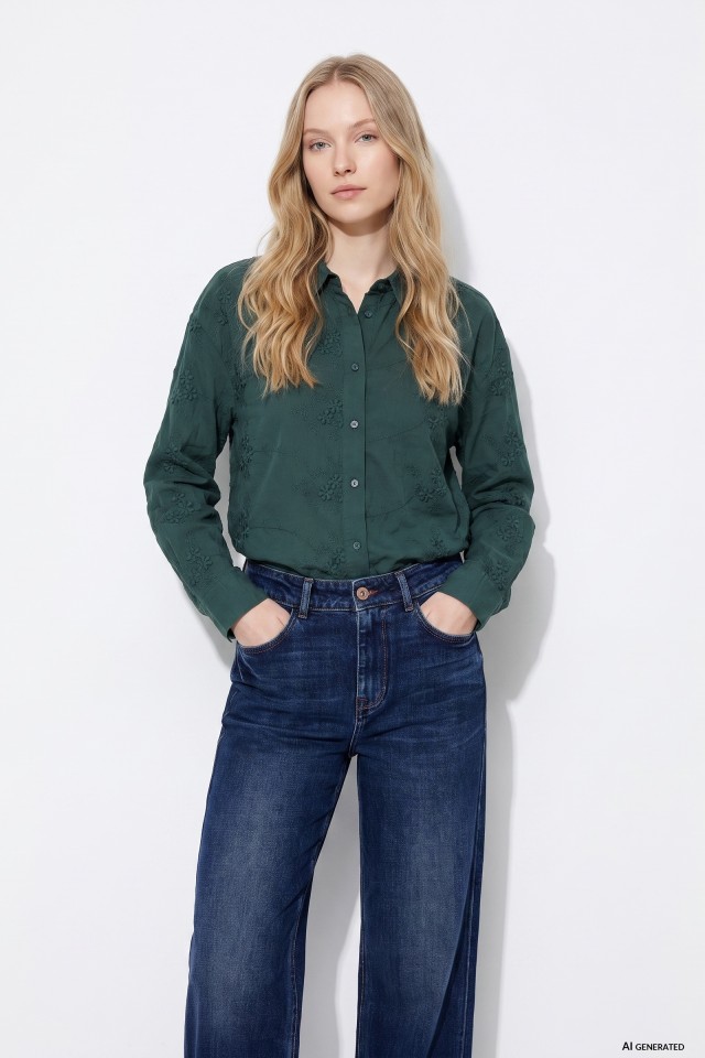 Green Embroidered Long Sleeve Shirt