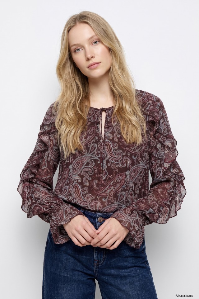 Brown Paisley Ruffle Blouse