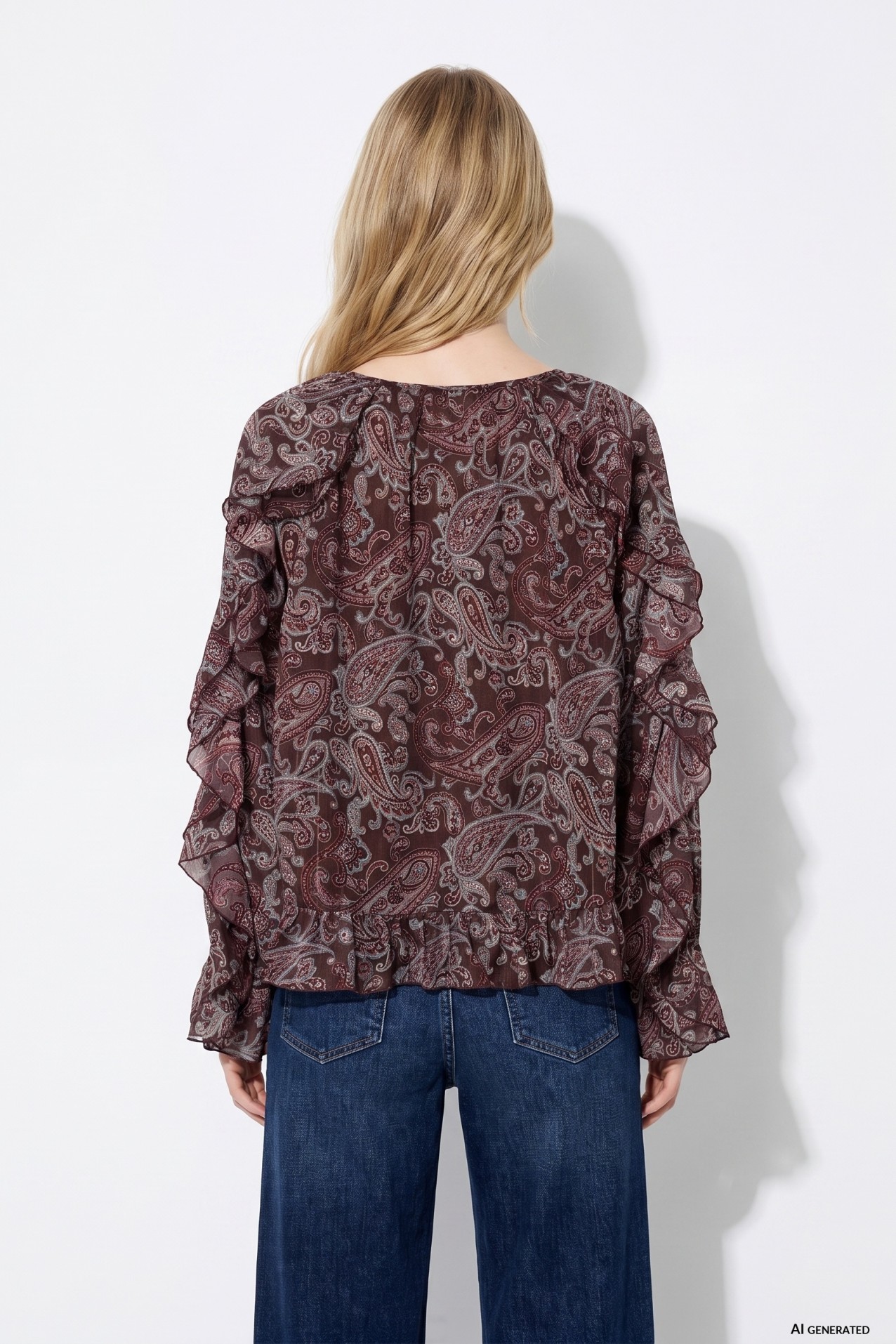 Brown Paisley Ruffle Blouse