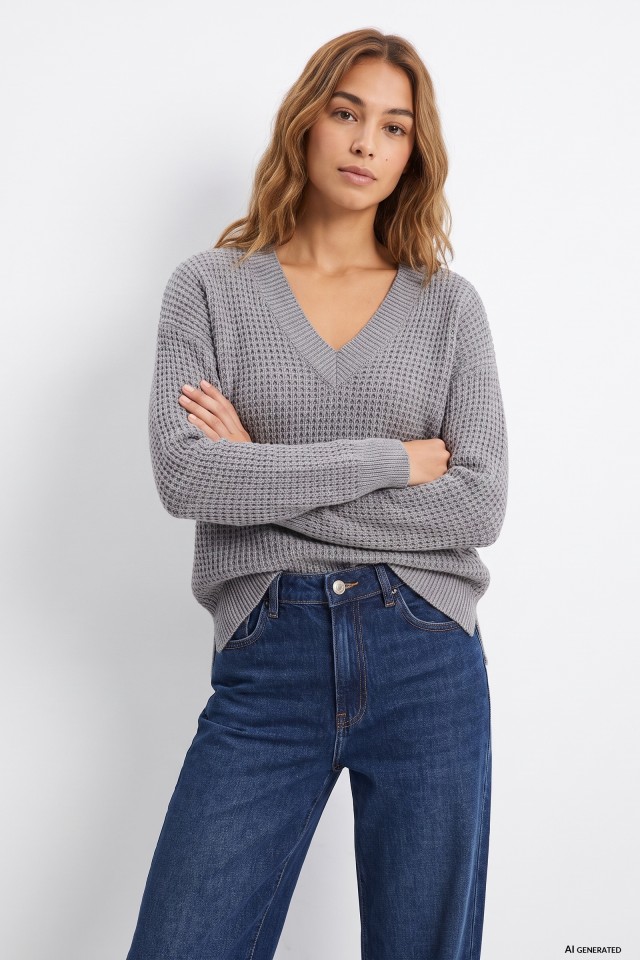 Grey Melange V-Neck Sweater