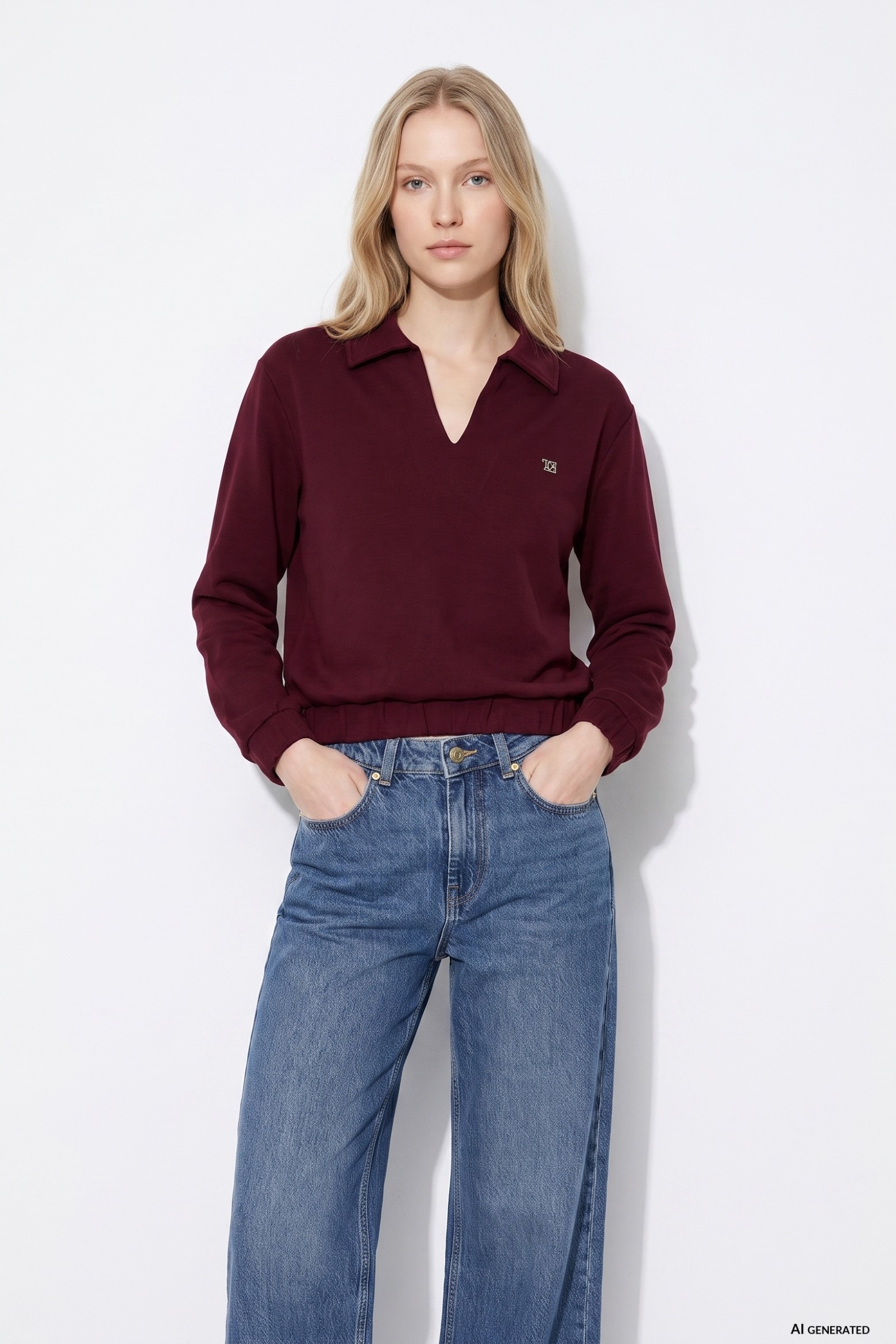 Camisola cor vinho gola em V