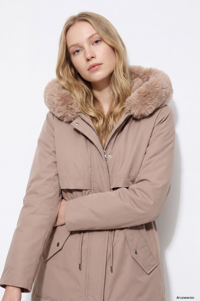Beige Jacket with Faux Fur Hood