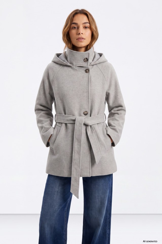 Grey Hooded Belted Coat