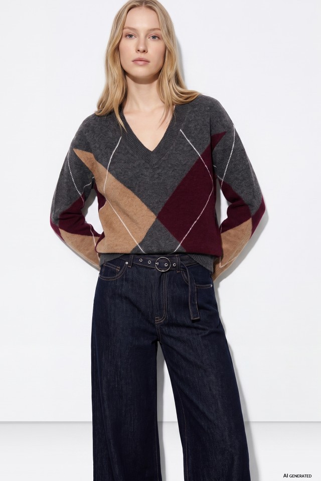 Grey Argyle V-Neck Sweater