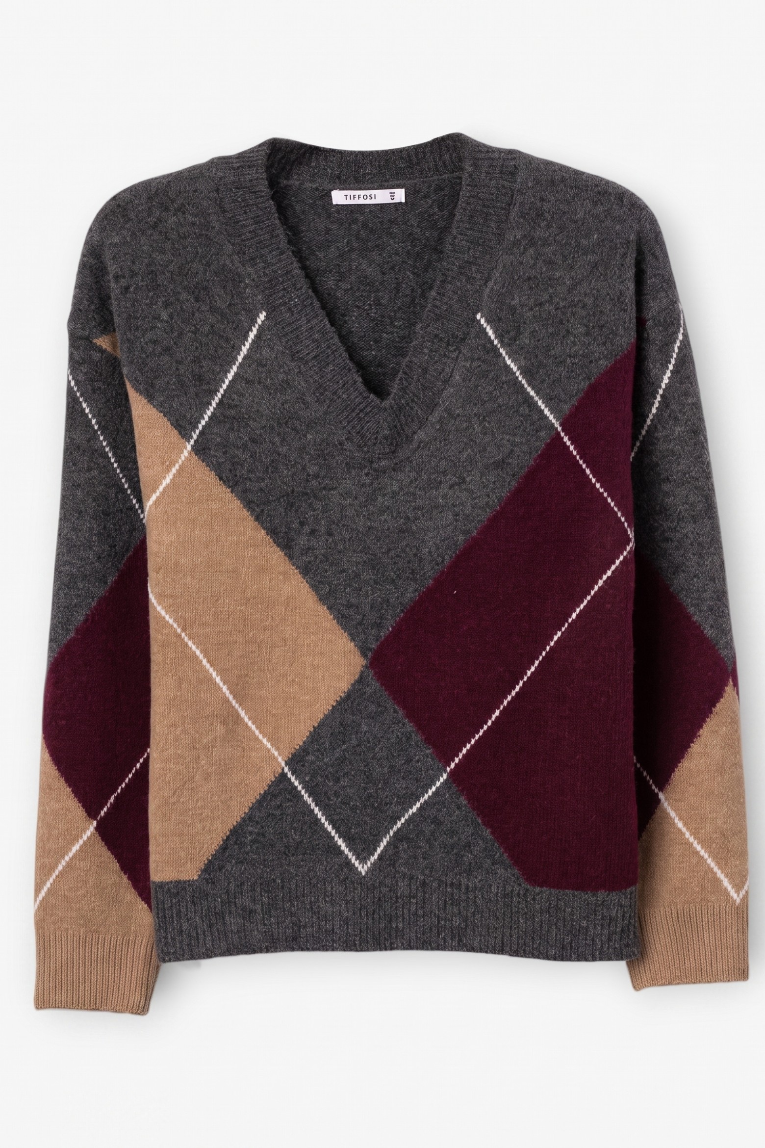 Grey Argyle V-Neck Sweater