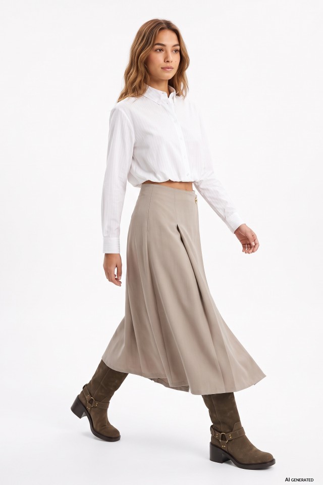 Beige Midi Pleated Skirt