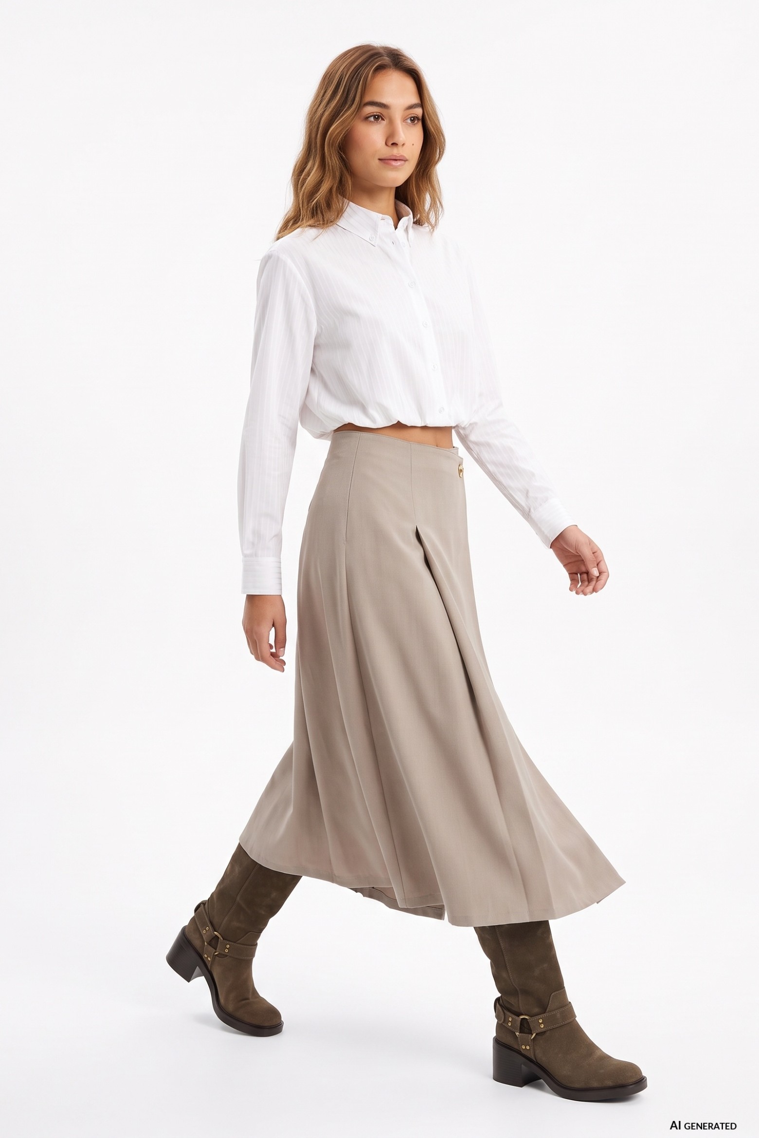Beige Midi Pleated Skirt