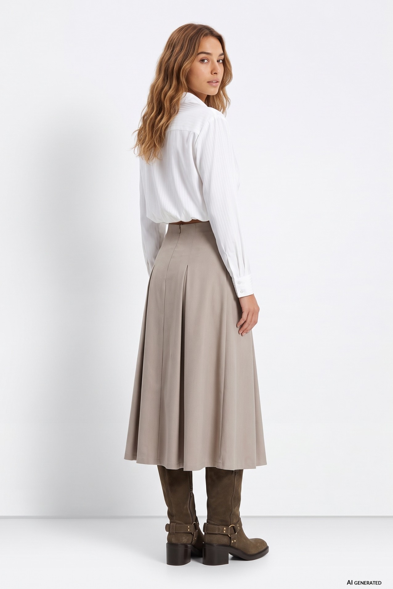 Beige Midi Pleated Skirt