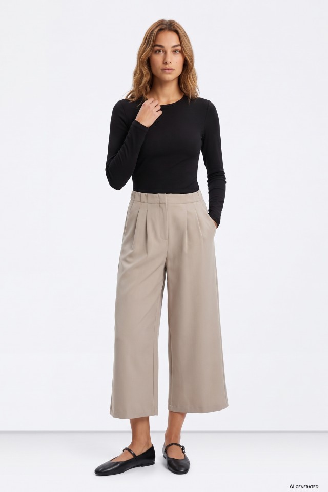 Wide Beige Cropped Trousers