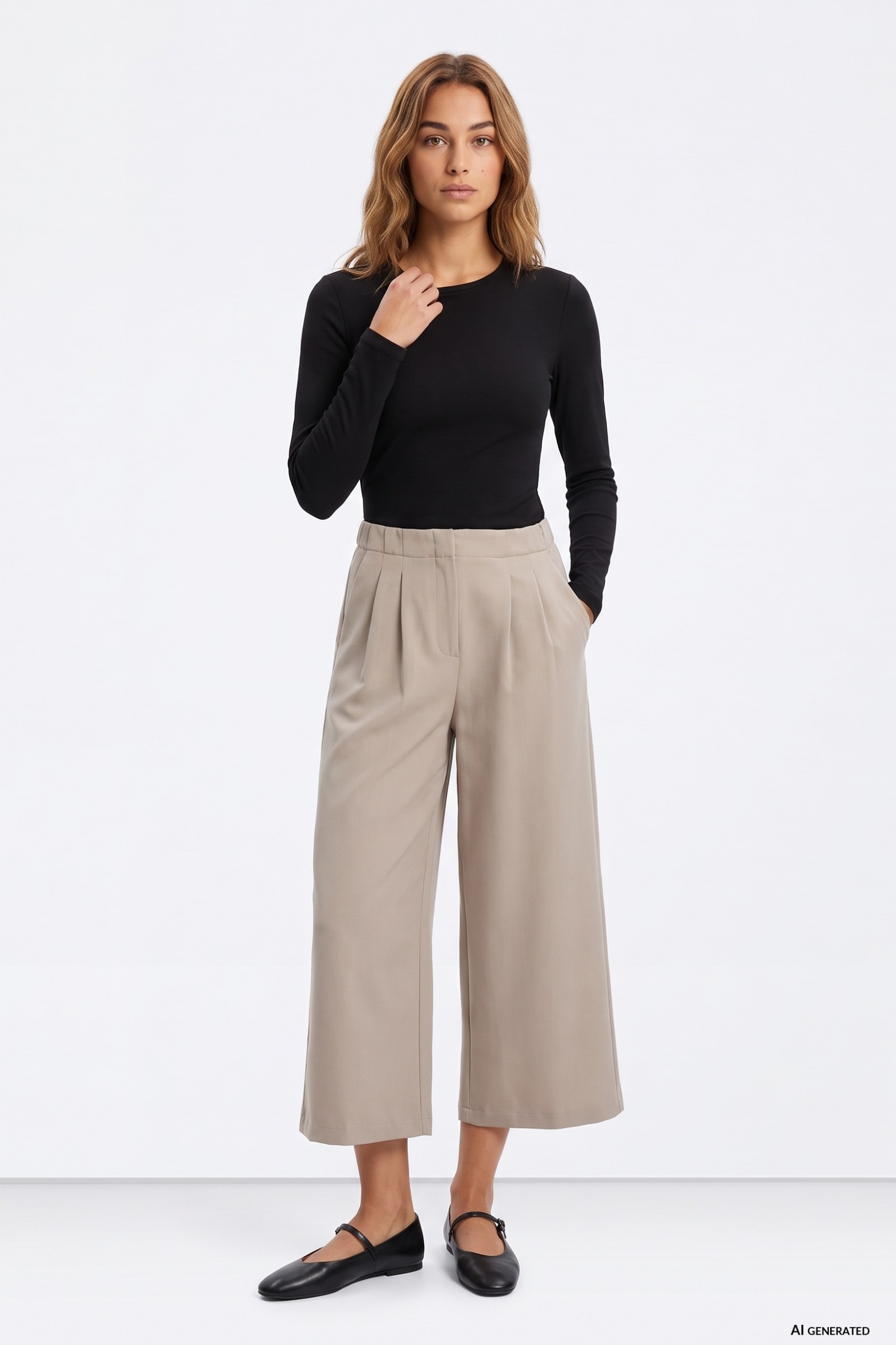 Wide Beige Cropped Trousers