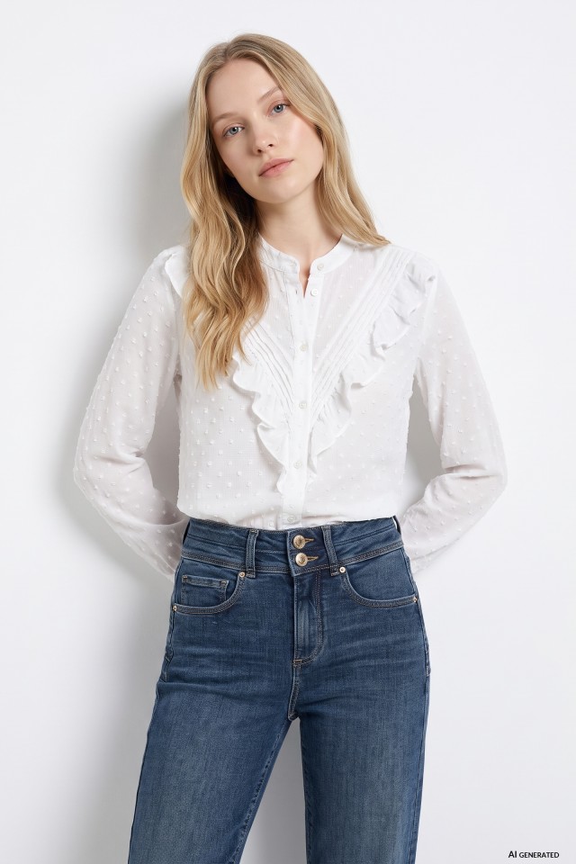 Ruffled Off-White Long Shirt