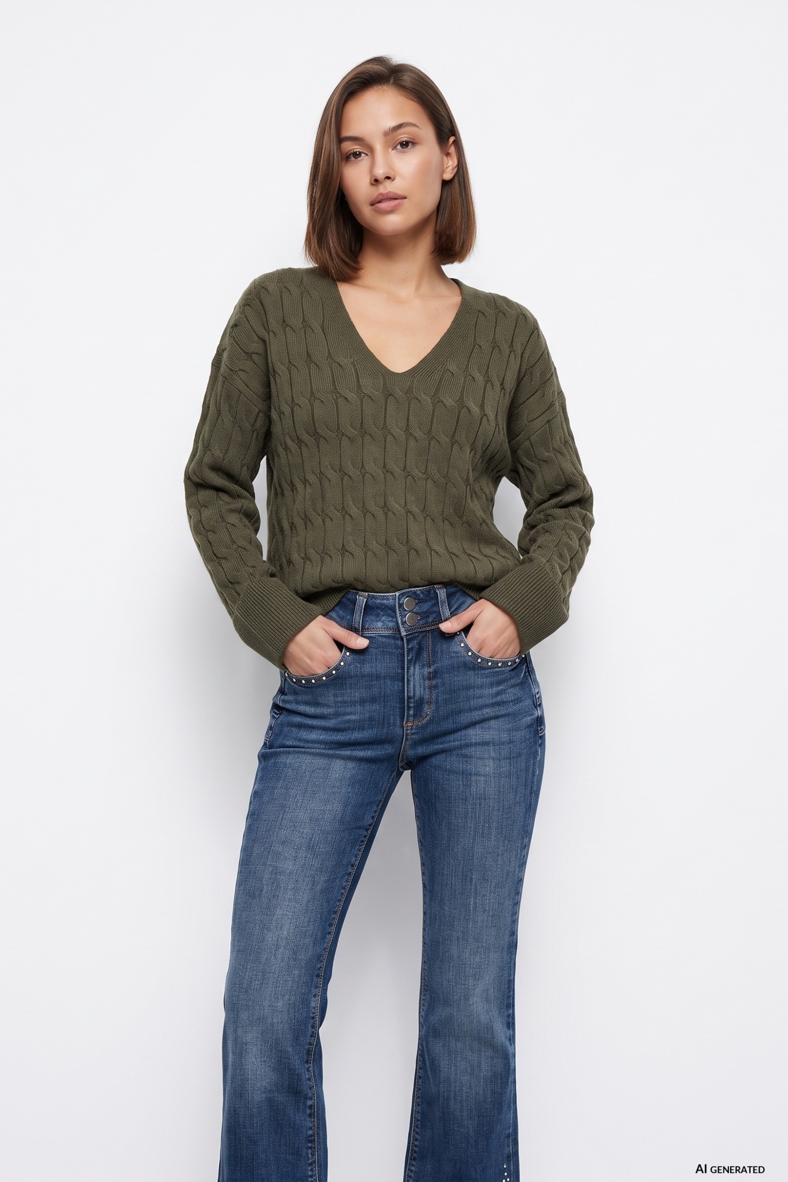Chunky Green V-Neck Sweater