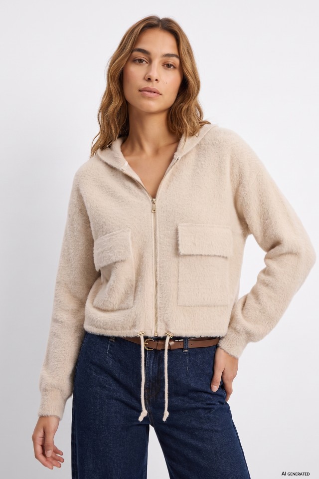 Beige Hooded Crop Cardigan