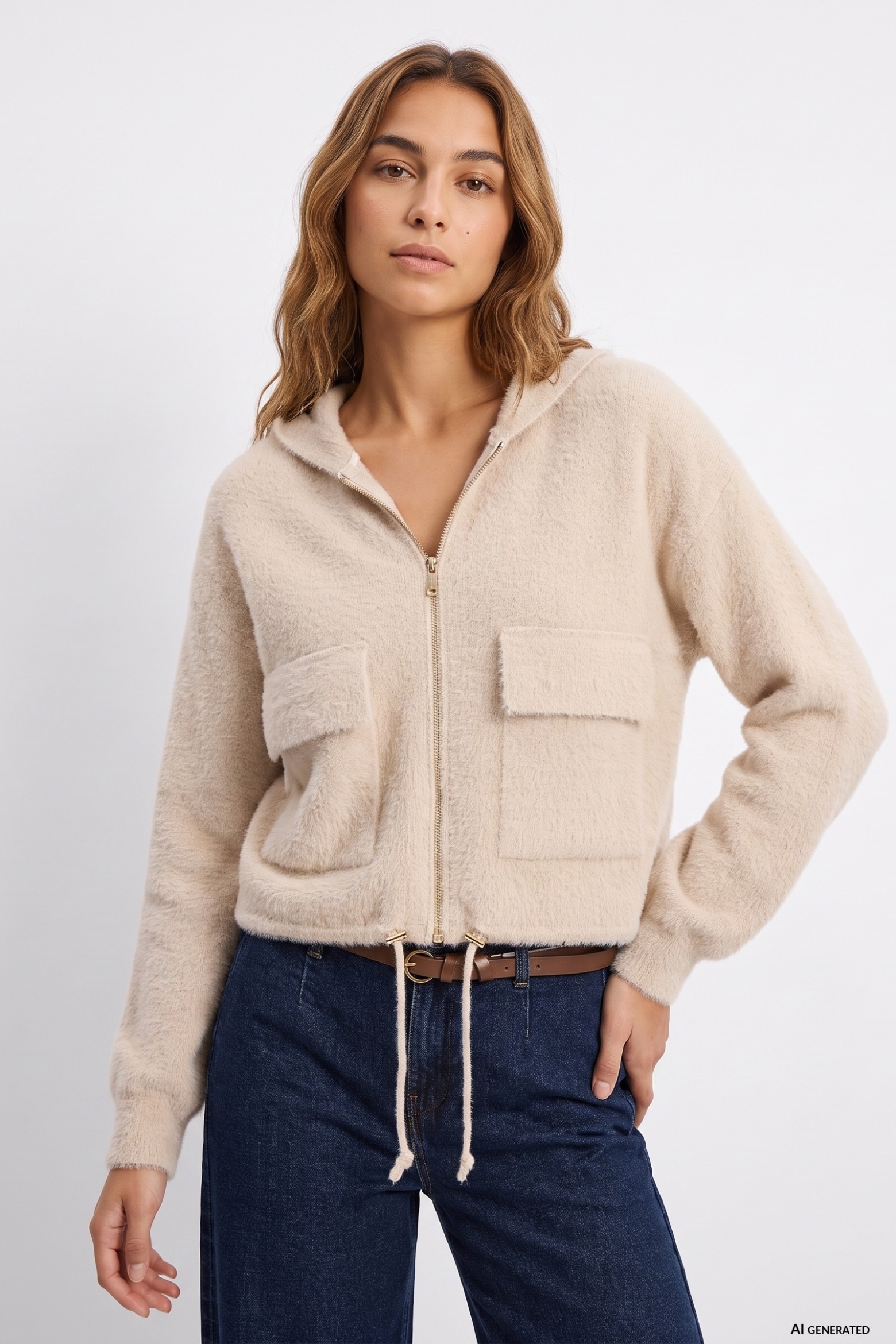 Beige Hooded Crop Cardigan