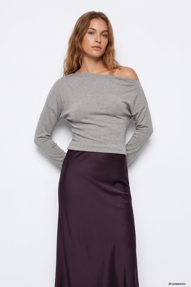 Grey Melange Off-Shoulder Tee