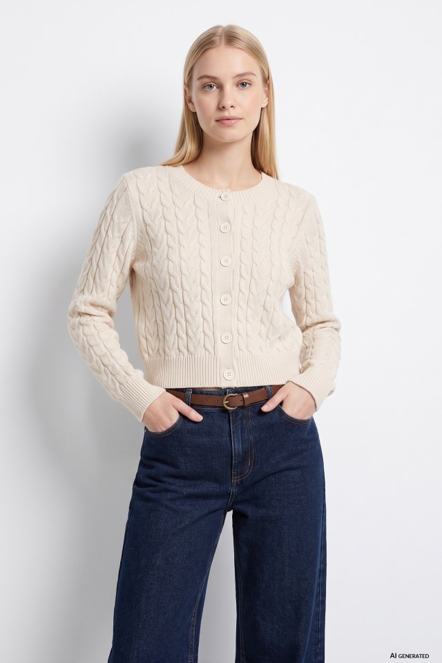 Beige Cropped Knit Cardigan