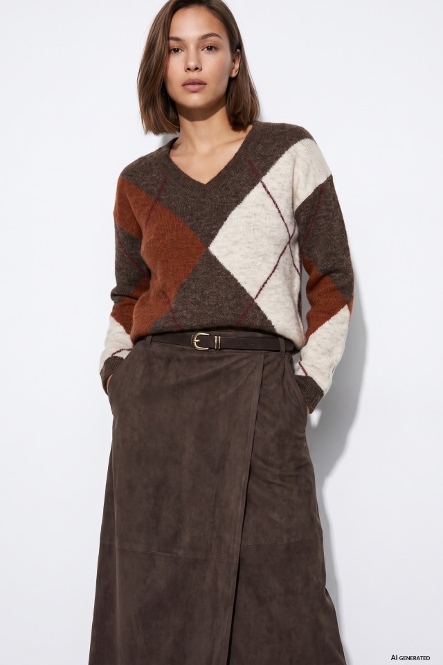 Brown Argyle V-Neck Sweater
