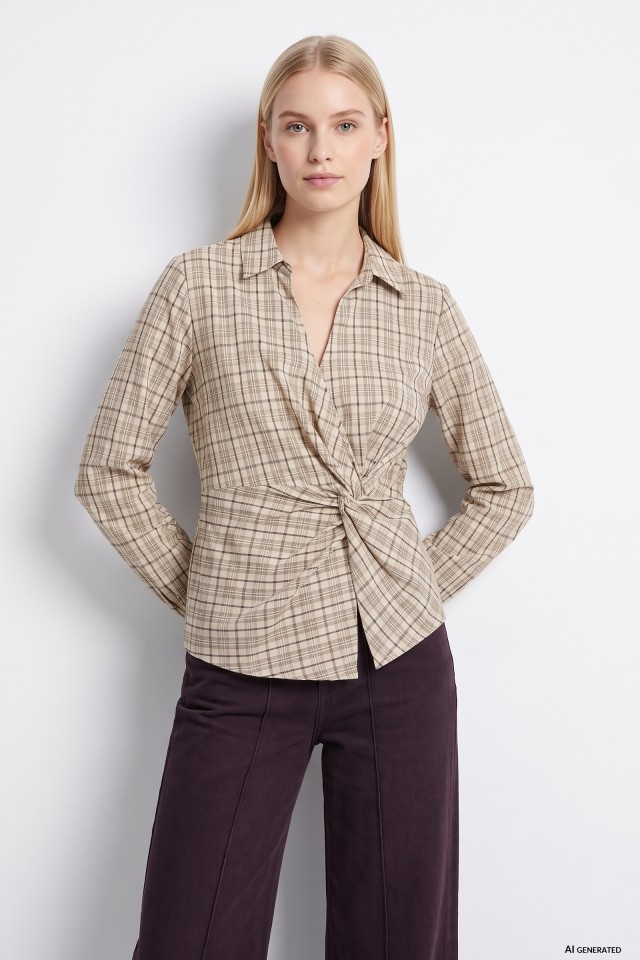 Beige Plaid Long Sleeve Shirt